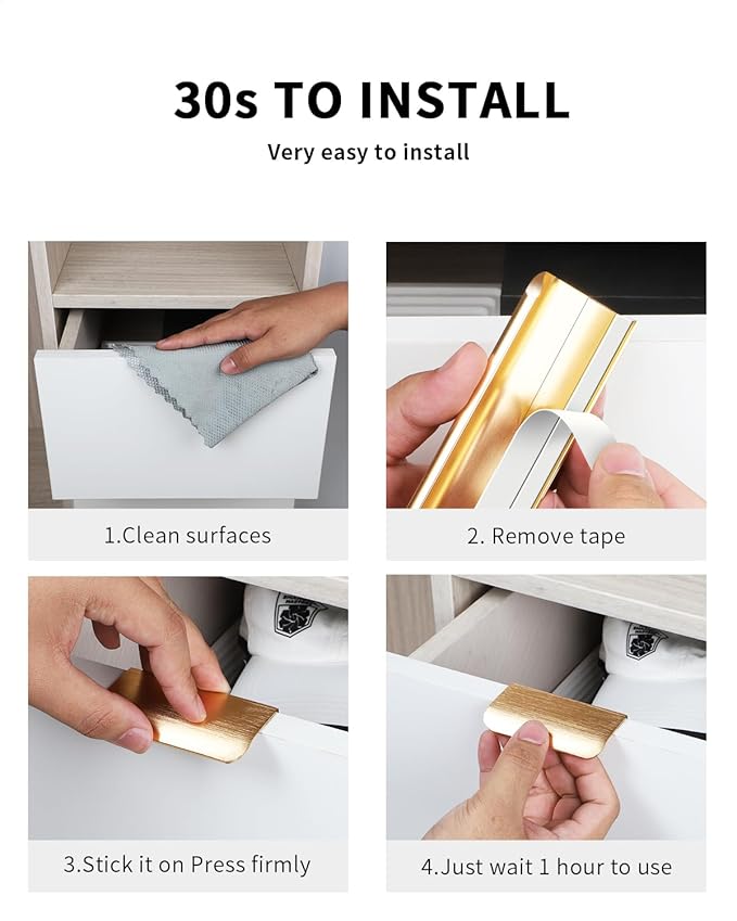 5 Pack 3 inch self Adhesive Cabinet pulls Adhesive Cabinet Handles Gold Stick on Handles for Finger pulls for cabinets Drawer pulls Concealed Seam Flat Edge