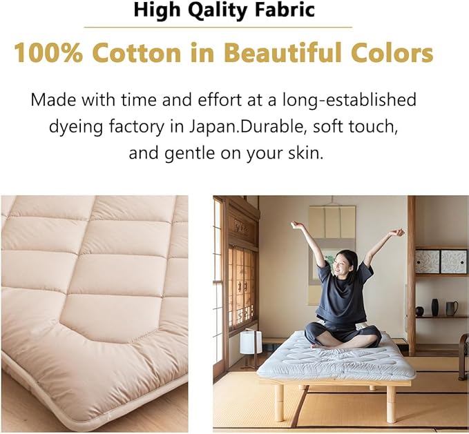 EMOOR Japanese Floor Futon Mattress Anti-Sag Small-Twin Made in Japan 100% Cotton Chip Foam Gray, Shikibuton Foldable Sleeping Bed Tatami Mat