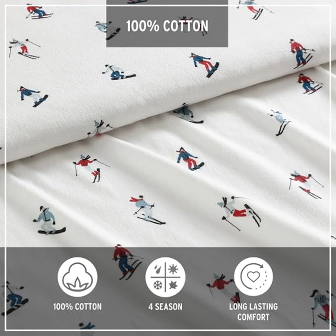 Eddie Bauer - Flannel Sheets Full Size, Anti-Pilling & Wrinkle Resistant Cotton, Touchably Soft for All-Season Comfort - Bed Sheets with Matching Pillowcases & Fitted Sheet (Ski Slope White)