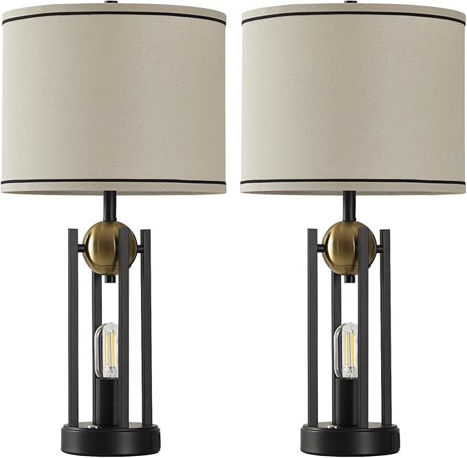 25'' Farmhouse Table Lamps for Living Room Set of 2 with USB C+A Ports, Vintage Bedside Lamp for Bedroom, Touch Lamps for Nightstand, Dual Lights Independent Switch, 4 Bulbs Included, Gold