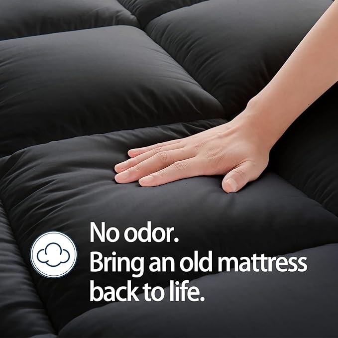 Mattress Topper King for Back Pain, Extra Thick Mattress Pad Cover, Plush Pillow Top, Deep Elastic Pocket, Black