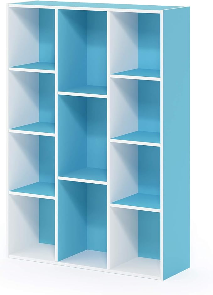Furinno LUDER Book Shelf, 11-Cube Bookshelf, Reversible Bookcase, 9.4" x 29.1" x 41.7", for Living Room, Bedroom, Home Office, White/Light Blue