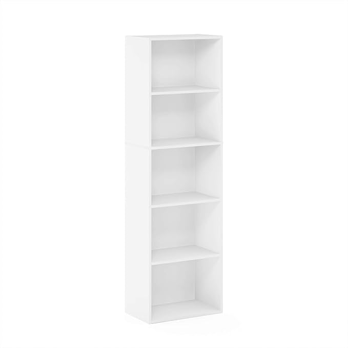 Furinno LUDER Book Shelf, 5-Tier Bookshelf, Bookcase, 9.4" x 15.8" x 52", for Living Room, Bedroom, Home Office, White