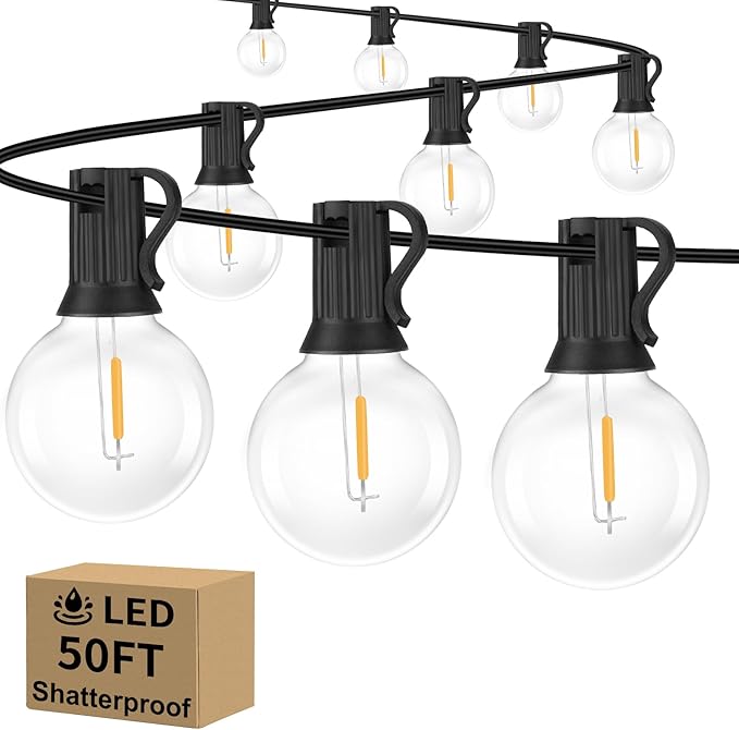 Outdoor G40 LED Globe String Lights 50Feet Dimmable Waterproof Shatterproof Patio Lights with 52 Bulbs Connectable Commercial Hanging Light for Christmas Patio House Backyard Balcony Party(Black)