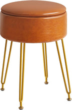 IBUYKE Faux Leather Round Footrest Stool with Storage Ottoman, Makeup Vanity Chair Side Table, PU Dressing Table Seat, Removable Cover, Golden Steel Legs, Light Brown WBD024J
