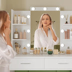 Quimoo 43.3" W Vanity Desk with Mirror and 9 LED Lights, Makeup Vanity with 6 Drawers, 6 Open Shelves, White Vanity for Women Girls, 43.3" W x 13.8" D x 54.3"