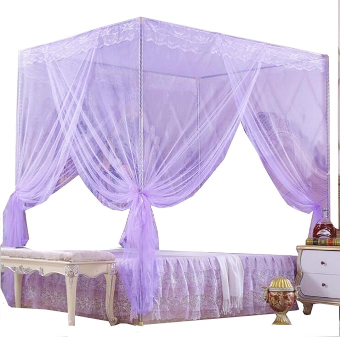 4 Corners Princess Bed Curtain Canopy Canopies for Girls Boys Adults Bed Gift (Twin, Purple)