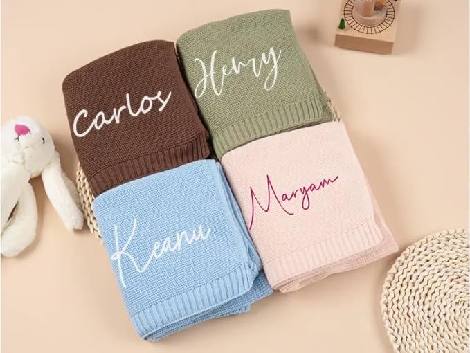 Personalized Embroidered Baby Blanket for Boys/Girls, Cotton Chunky Knit Customized Swaddle with Name, 40 * 30 inches, Handmade Receiving Nursery Blankets, Newborn, Birthday