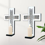 Crystal Crush Diamond Mirrored Candle Sconces, Silver Wall Candle Holder Set of 2, Wall Decoration for Living Room，Dining Room (Silver Cross)
