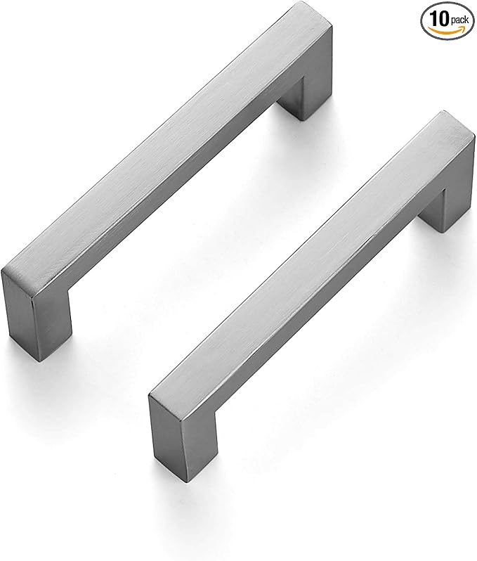 Ravinte 10 Pack 3-3/4 Inch Kitchen Square Cabinet Handles Satin Nickel Pulls Brushed Nickel Kitchen Cabinet Hardware Handles for Cupboard Drawer Pulls