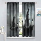 Viking Ship Blackout Curtains,Gloomy Misty Lake Landscape Fantasy Black White Color Sailing Dragon Boat Window Drapes for Boys Girls Bedroom Living Room,Norse Decor 63x72in