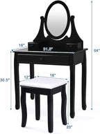 Giantex Vanity Set with Oval Mirror and Cushioned Stool, Makeup Dressing Table with 3 Drawers, Modern Bathroom Bedroom Makeup Organizer Vanity Table for Women Girls Gifts (Black)