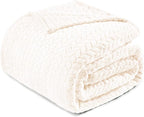 Exclusivo Mezcla Fleece Twin Size Blanket for Bed, 90x66 Inches Soft Cozy Jacquard Flannel Blankets, Lightweight Fuzzy Plush Warm for Winter, Off White