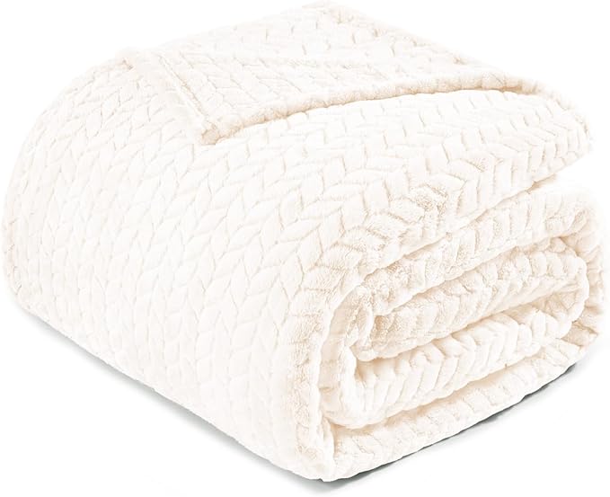 Exclusivo Mezcla Fleece Twin Size Blanket for Bed, 90x66 Inches Soft Cozy Jacquard Flannel Blankets, Lightweight Fuzzy Plush Warm for Winter, Off White