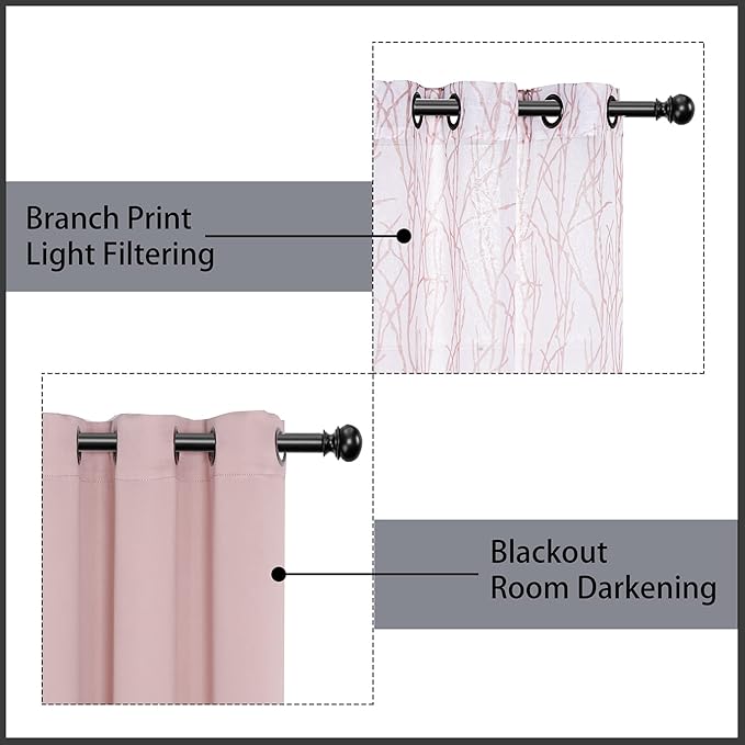 BONZER Mix and Match Curtains - 2 Pieces Branch Print Sheer Curtains and 2 Pieces Blackout Curtains for Bedroom Living Room Grommet Window Drapes, 54x84 Inch/Panel, Blush, Set of 4 Panels
