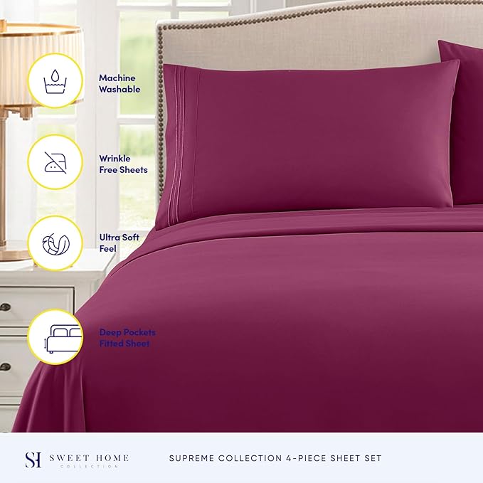 Twin Sheets - Breathable Luxury Sheets with Full Elastic & Secure Corner Straps Built In - 1800 Supreme Collection Extra Soft Deep Pocket Bedding Set, Sheet Set, Twin, Berry