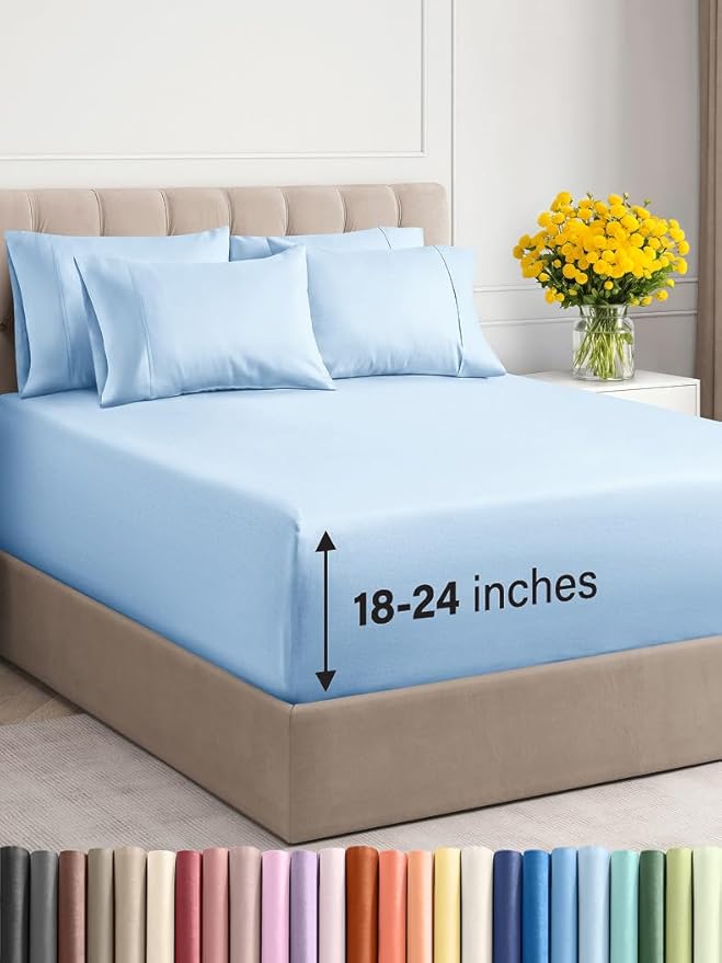 Extra Deep Queen Sheet Set - 6 Piece Breathable & Cooling Sheets - Hotel Luxury Bed Sheets Set - Easy & Secure Fit - Soft, Wrinkle Free & Comfy Sheets Set - Light Blue Sheet Set w/Extra Deep Pockets