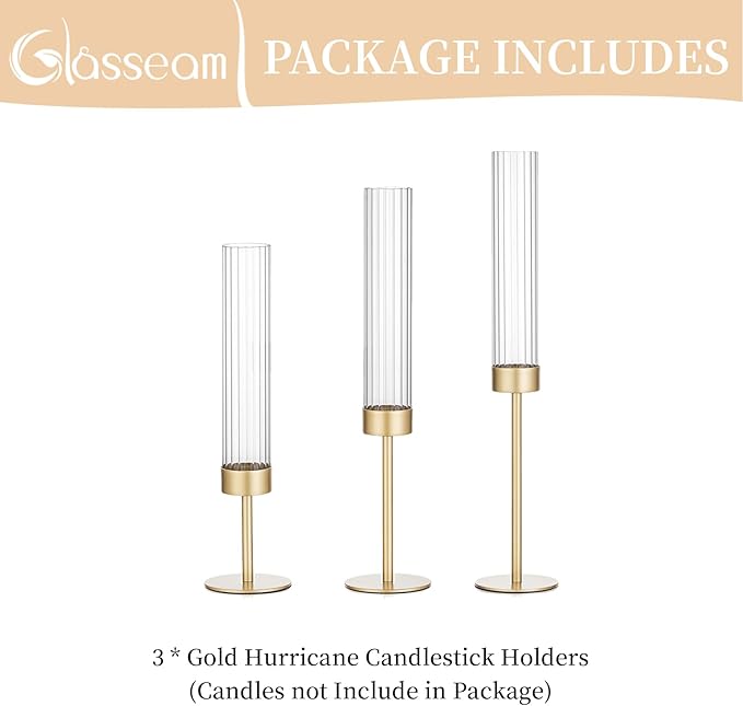 Gold Hurricane Taper Candle Holders: Glasseam 3Pcs Brass Candlestick Holders with Ribbed Glass Cylinder Cover Fluted Tall Candle Sticks Holder Decor for Table Centerpiece Wedding Christmas Decorations