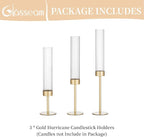 Gold Hurricane Taper Candle Holders: Glasseam 3Pcs Brass Candlestick Holders with Ribbed Glass Cylinder Cover Fluted Tall Candle Sticks Holder Decor for Table Centerpiece Wedding Christmas Decorations