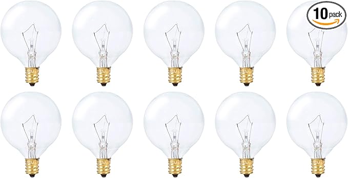 Simba Lighting Small Globe G16.5 Round Bulb 25W E12 Candelabra Base (10 Pack) for Chandelier, Ceiling Fan, Decorative Vanity Lights, Sconce, Aromatic Wax Warmer, Clear Glass 110V 120V 2700K Warm White