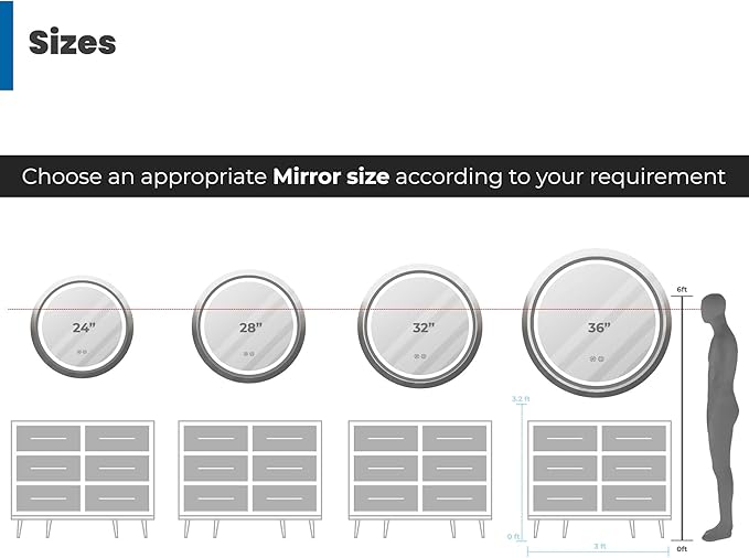 Round LED Mirror 24 Inch for Bathroom, Black Metal Frame Lighted Vanity Mirror,Wall Mounted Circle with Lights,6000K Anti-Fog & Dimmable Touch Button