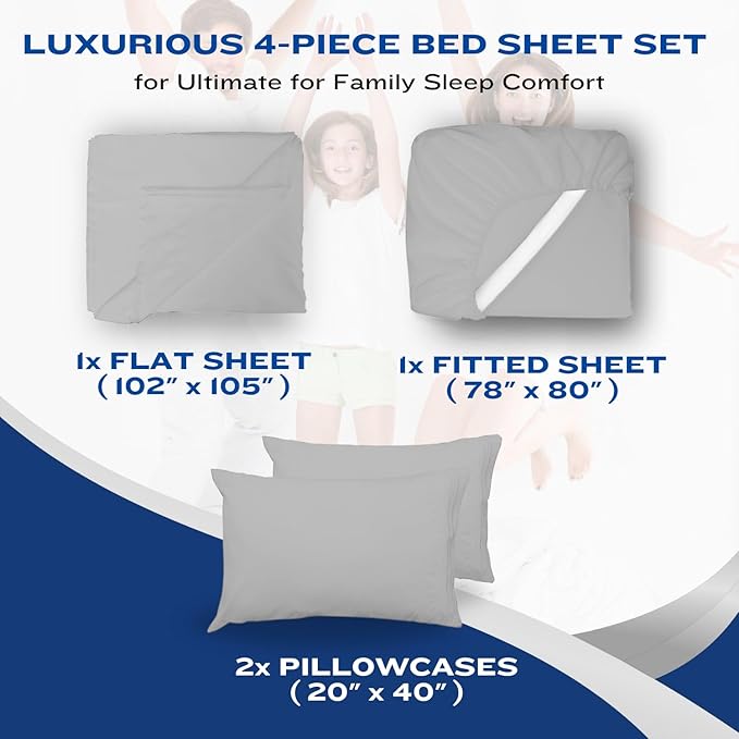 DREAMCARE King Size Sheets Set - Cooling Bed Sheets - 4pcs Set - up to 15" Deep Pocket King Sheet Set - Soft & Long Lasting 100% Fine Brushed Polyester with Side Pocket - L Gray