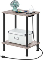 HOOBRO Side Table with Charging Station, Set of 2 End Tables with USB Port and Outlets, Nightstand with 2-Layer Storage Shelves for Small Spaces, Living Room, Bedroom, Greige and Black BG09UBZP201