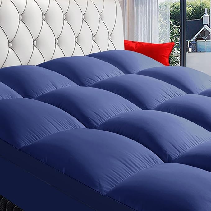 COONP Queen Mattress Topper, Extra Thick Pillowtop, Cooling Plush Mattress Pad Cover Bed Topper Protector with 8-21 Inch Deep Pocket (Navy Blue, Queen)