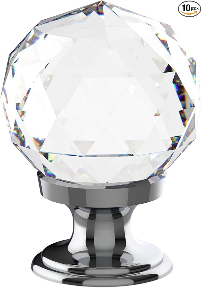 Alzassbg 10 Pack Clear Crystal with Chrome Plated Drawer Knobs, 1-1/5 Inch(30mm) Cabinet Knobs Round Diamond Crystal Knobs for Drawers AL1002
