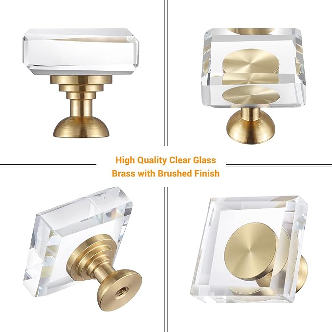 6-Pack 1-1/4-Inch White Cabinet Glass Crystal knobs Brass Drawer Round Knobs Dresser Pulls, Gold Hardware Kitchen Closet knobs for Bifold Doors (Square-1.2inch, 6-Pack)