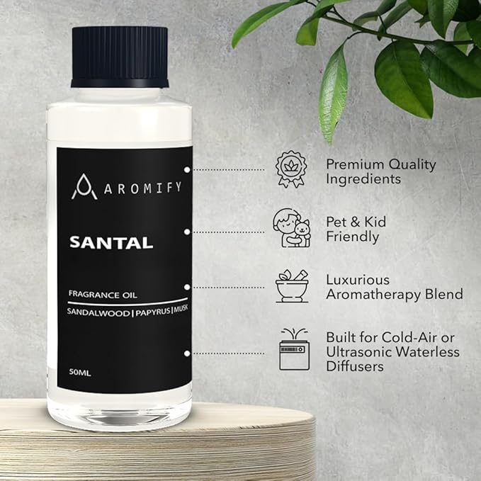 Santal Diffuser Oil, Diffuser Fragrance Oil for Home, Bathroom & Office, Aromatherapy Blend of Natural Essential Oil, Sandalwood & Musk Scent, 1.6 Fl Oz, 50 mL