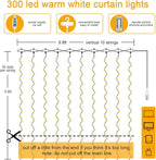 Vicloon Fairy Curtain Lights,300 LED White Curtain Lights,8 Modes 9.8×9.8Ft Waterproof Window Curtain String Light USB Powered with Remote Control,Christmas String Lights Curtain for Indoor/Outdoor