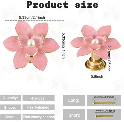 4 Pcs Petal Cabinet Knobs，Zinc Alloy Flower Shape Single Hole Knob with Screws for Dresser Handles Cabinet Wardrobe Door Handle Decorative Furniture (Pink Flower Pearl)