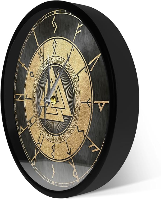 12 Inch Scandinavian Viking Design Valknut Wall Clock, Vintage Futhark Viking Runes Warrior Norse Print Wall Clock Accurate Silent Non Ticking Battery Operated for Man Cave Bedroom Farmhouse