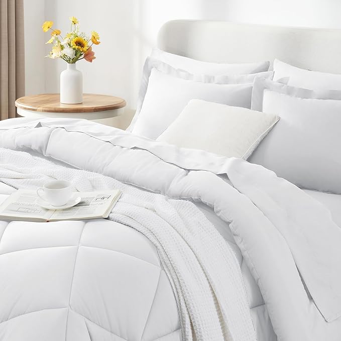 CozyLux Queen Comforter Set White - Bed in a Bag Queen Size 7 Pieces, Luxury Soft Bed Set for All Seasons, Bedding Set with Down Alternative Comforter, Sheets, Pillowcases & Shams