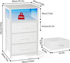 Fixwal White Nightstand with Charging Station, LED Night Stand with 3 Fabric Drawers and Open Shelf, Bedside End Table in Living Room