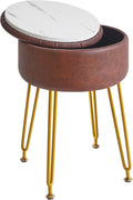 IBUYKE Faux Leather Round Footrest Stool with Storage Ottoman, Makeup Vanity Chair Side Table, PU Dressing Table Seat, Removable Cover, Golden Steel Legs, Dark Brown WBD024Z