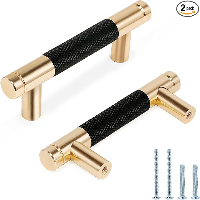 Knurled Cabinet Pulls 2 Pack, 3.5 Inch Long Cabinet Handles Metal Door Pulls, Kitchen Drawer Pull Knurled Dresser Handles - 2 1/2" Hole to Hole, Black & Gold