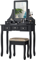 CHARMAID Makeup Vanity Set with Mirror and Cushioned Stool, Dressing Table with 5 Drawers and Removable Storage Organizers, Bedroom Makeup Table with Stool for Women Girls (Black)