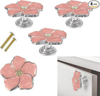 4 pcs Flower Petal Knobs,Creative Silver Flower Drawer Pulls Handles with Screws Single Hole Handle for Cabinet, Dressing ，Home Decor Handles (Pink)