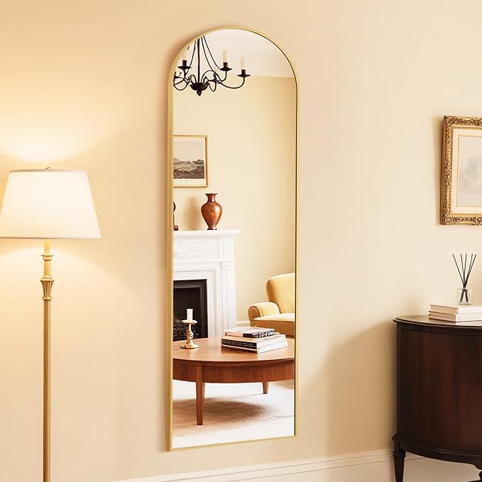 DUMOS Arched Wall-Mounted Full Length Mirror 60"x16" for Bedroom, Full Body Floor Mirror with Stand, Hanging or Leaning for Wall, Gold