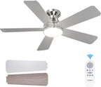 addlon Ceiling Fans with Lights, 42 Inch Low Profile Ceiling Fan with Light And Remote Control, Flush Mount, Reversible, 3CCT, Dimmable, Quiet, Nickel Small Ceiling Fan for Bedroom Indoor/Outdoor Use
