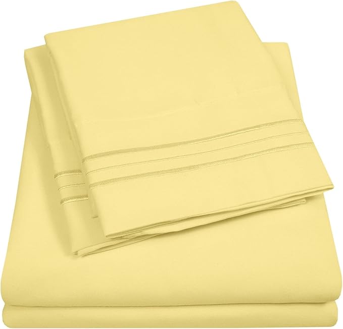 Sweet Home Collection King Size Sheet Set with Built-in Sheet Straps - Deep Pocket Fitted Sheet, Flat Sheet & Pillowcases - Soft, Wrinkle-Free, Secure Fit - Pale Yellow