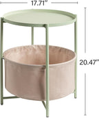 danpinera Round Side Table with Fabric Storage Basket, Metal Side Table Small Bedside Nightstand with Removable Tray Top for Living Room, Bedroom, Nursery, Laundry, Light Green