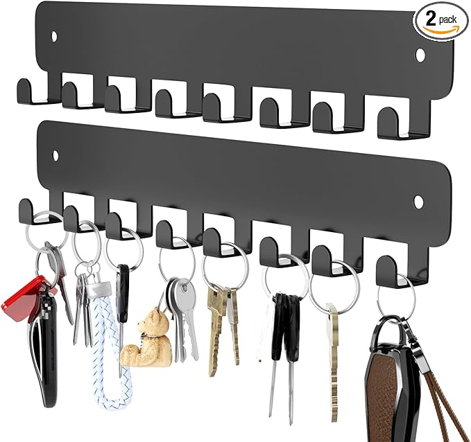 pickpiff 2 Pack Key Holder for Wall Adhesive, Key Hooks with 8 Hooks Wall Mounted, Black Key Hangers No Drill for Living Room, Kitchen, Office