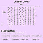 Dazzle Bright 300 LED Christmas Curtain String Lights, Halloween Fairy Lights for Bedroom with 8 Lighting Modes, Waterproof Window Light Party Wedding Garden Wall Decor, Purple