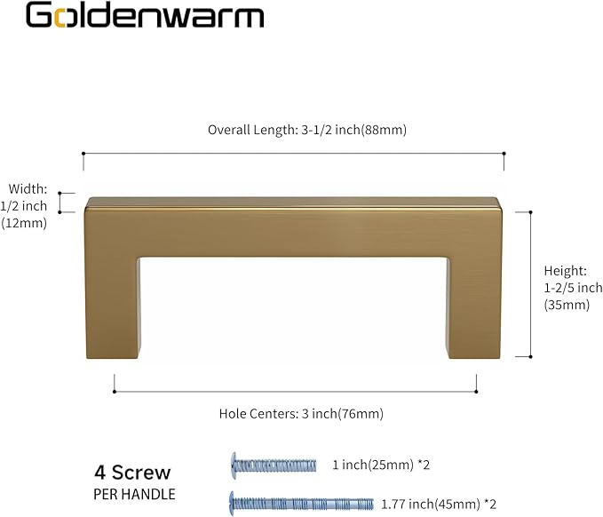 goldenwarm 5 Pack Champagne Bronze Cabinet Pulls Gold Cabinet Handles 3 Inch Champagne Drawer Pulls Brushed Bronze Drawer Handles Square Kitchen Hardware for Cupboard Bedroom Dresser