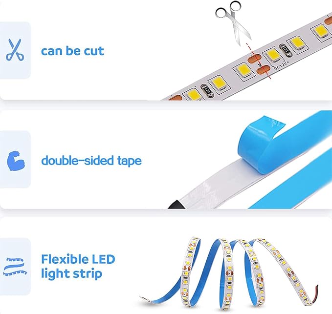 12V LED Strip Light Cool White 6000K 5M/16.4ft 600LEDs Flexible SMD2835 High Brightness No-Waterproof IP20 LED Tape Lights for Bedroom Kitchen Party etc Decorate(No Power Supply)