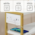 HOOBRO Small Narrow Side Table with Charging Station, Skinny End Table for Small Spaces, Slim Nightstand with USB Ports Outlet, Sofa Beside Table with Storage Shelf, White and Gold DW102UBZ01