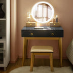 CHARMAID Vanity Desk with Lighted Mirror, Black Makeup Vanity Table with 4 Storage Drawers, 3 Lighting Modes, Solid Wood Legs, Modern Dressing Table with Vanity Stool for Small Bedroom